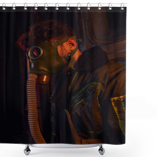 Personality  Man In Mask And Worn Jacket In Red Light Of Dark Underground Tunnel, Post-apocalyptic Survival Shower Curtains