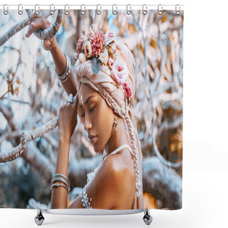 Personality  Beautiful Young Stylish Woman Wearing Flowers Wreath Outdoors Portrait Shower Curtains