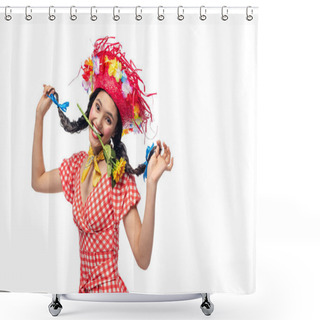 Personality  Happy Girl In Festive Clothes And Straw Hat Biting Sunflower Isolated On White Shower Curtains