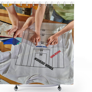 Personality  Top View Of Young African American Designer Holding Printing Layer Near T-shirt And Colleague Working With Color Swatches On Table In Print Studio, Thriving Small Enterprise Concept Shower Curtains