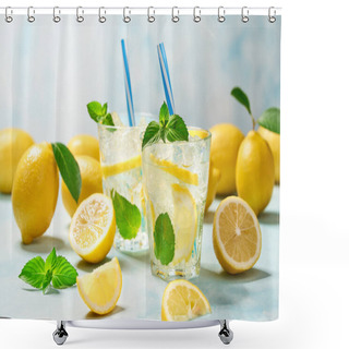 Personality  Two Glasses Of Lemonade With Fresh Lemon On Turquoise Background Shower Curtains