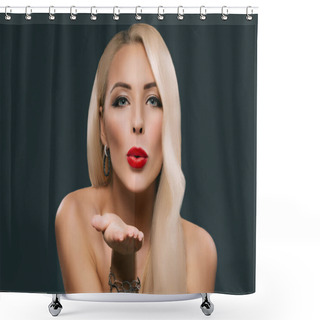 Personality  Beautiful Blonde Woman With Makeup And Hairstyle Blowing Kiss, Isolated On Grey Shower Curtains