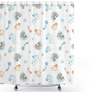 Personality  Weather, Rainbow, Clouds, Stars, Rain On A White Background. Boho Watercolor Seamless Pattern Shower Curtains