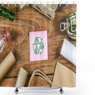 Personality  Waste Recycling Eco Symbol With Garbage Disposal On Wooden Table Shower Curtains
