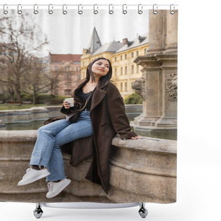 Personality  Stylish Young Tourist In Coat Holding Paper Cup Near Old Fountain In Charles Square In Prague  Shower Curtains