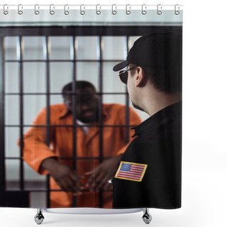 Personality  Security Guard Standing Near Prison Bars And Looking At African American Prisoner  Shower Curtains