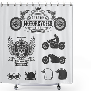 Personality  Collection Of Retro Motorcycle Labels, Emblems, Badges And Design Elements. Helmets, Goggles And Motorcycles. Vintage Style. Monochrome Design. Shower Curtains