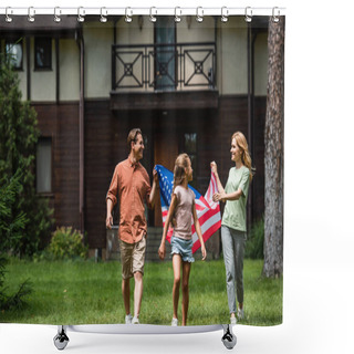 Personality  Positive Parents Holding American Flag Near Kid Outdoors  Shower Curtains