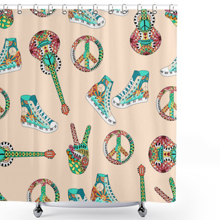 Personality  Seamless Pattern With Colorful Hippie Peace Symbol, Acoustic Guitars And Hight Snakers In Zentangle Style. Shower Curtains