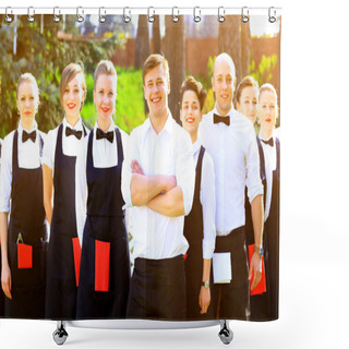 Personality  Large Group Of Waiters And Waitresses Standing In Row. Shower Curtains