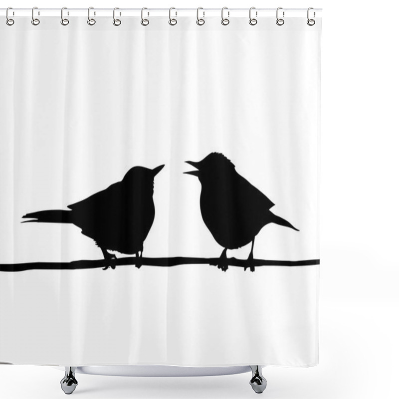 Personality  Vector Drawing Two Birds Sitting On Branch Shower Curtains