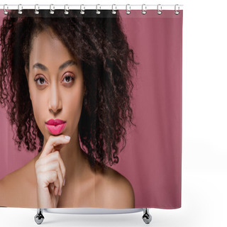 Personality  Portrait Of Thoughtful Curly African American Girl, Isolated On Pink Shower Curtains