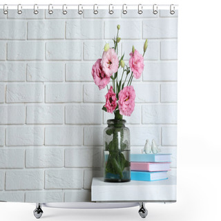 Personality  Beautiful Flowers With Books On Brick Wall Background Shower Curtains