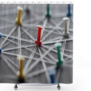 Personality  Close Up View Of Push Pins Connected With Strings Isolated On Grey, Network Concept Shower Curtains