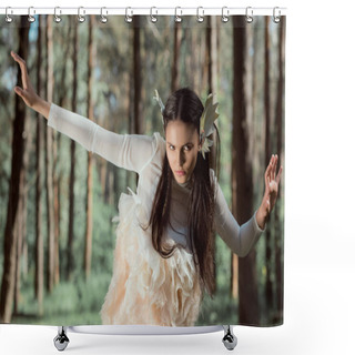 Personality  Young Woman In White Swan Costume Looking Away, Standing In Forest Shower Curtains