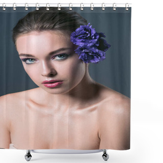 Personality  Attractive Young Woman With Eustoma Flowers In Hair Looking At Camera Isolated On Grey Shower Curtains