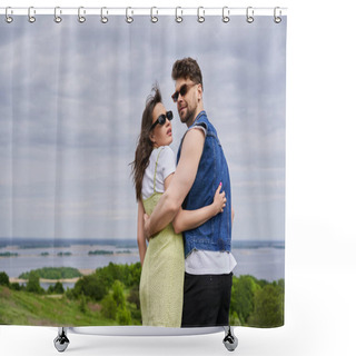 Personality  Fashionable Romantic Couple In Sunglasses And Summer Outfits Embracing And Standing With Blurred Rural Landscape And Cloudy Sky At Background, Countryside Leisurely Stroll, Tranquility Shower Curtains