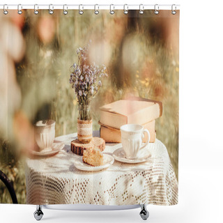 Personality  Dream Like View Through Apple Blossoms To Table, Set With Tea Cups And Books. Bouquet Of Wildflowers Myosotis Arvensis Forget Me Nots In Handmade Jar Vase. Shower Curtains