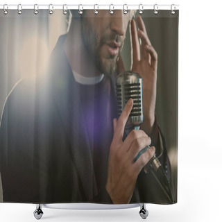 Personality  Attractive Young Singer In Headphones Performing Song At Studio Shower Curtains