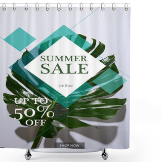 Personality  Fresh Tropical Green Leaf On White Background With Summer Sale Illustration Shower Curtains