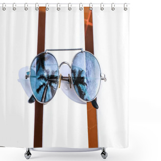 Personality  Mirrored Sunglasses On White Wooden Beach Chair With Palm Trees Reflection Shower Curtains