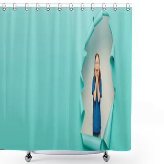 Personality  Scared Redhead Preteen Kid In T-shirt Looking At Camera While Posing Around Blue Torn Paper Hole On White Background, Child Protection Day Concept, Banner  Shower Curtains