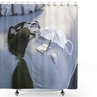 Personality  Black Bra, White Medical Mask And Condom Wrapper On The Edge Of The Bed. Sex During Quarantine Concept. Shower Curtains