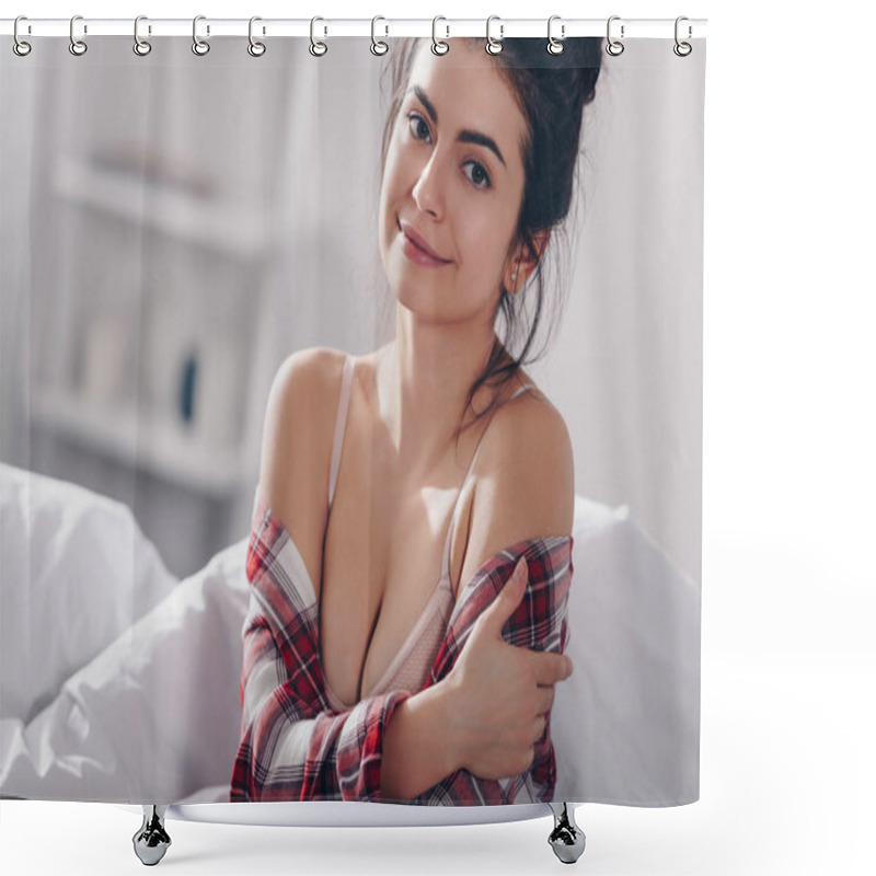 Personality  smiling girl in bed in the morning shower curtains