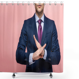 Personality  Cropped View Of Businessman In Formal Wear Showing Reject Gesture On Pink Background Shower Curtains