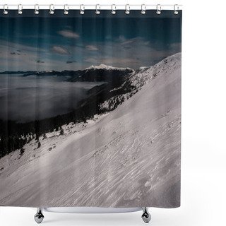 Personality  Scenic View Of Snowy Mountains With Pine Trees And White Fluffy Clouds In Dark Sky In Evening Shower Curtains