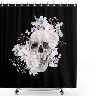 Personality  Beautiful Watercolor Skull With Flowers Of Peony And Roses. Illustration Shower Curtains