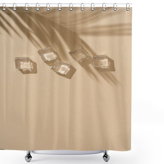 Personality  Summer Daytime Scene With Ice Cubes And Tropical Palm Leaf Shadow On Sandy Pastel Color Background. Minimal Sunlight Tropical Flat Lay Arrangement  Shower Curtains