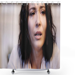 Personality  Close Up View Of Depressed Woman Crying With Tears And Looking Away At Home Shower Curtains