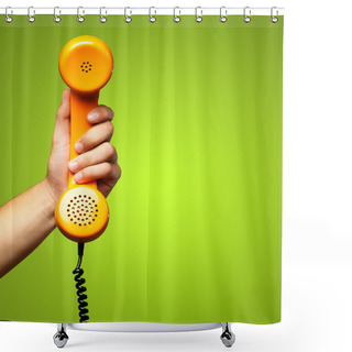 Personality  Close Up Of Hand Holding Telephone Shower Curtains