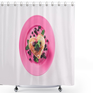 Personality  Top View Of Heart Shaped Pancake With Berries And Mint Isolated On White, Valentines Day Concept Shower Curtains