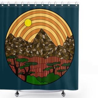 Personality  Contour Drawing Mountain Landscape African Savanna And Trees Shower Curtains