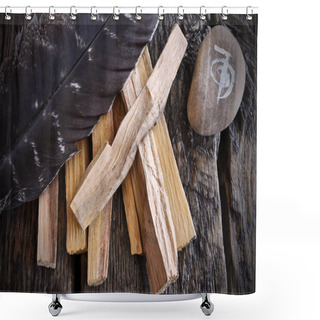 Personality  A Top View Image Of A Reiki Healing Symbol And Palo Santo Smudge Sticks On A Dark Wooden Table Top.  Shower Curtains