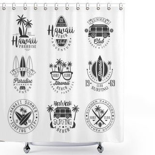 Personality  Hawaiian Beach Surfing Vacation Black And White Sign Design Templates With Text And Tools Silhouettes Shower Curtains