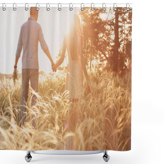 Personality  Lovers Walking In A Field At Sunset Holding Hands Shower Curtains