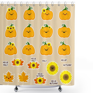 Personality  Set Of Autumn Vector Stickers. Pumpkins With Sunflowers, Maple Leaves. For Thanksgiving Day. Cute Vector Illustration. Cartoon Style. Text. For Magnets, Prints, Postcards. Smiling Funny Symbols. Shower Curtains