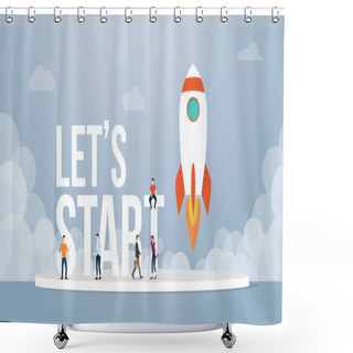 Personality  Lets Start Big Words Concept With Team People And Rocket Startup Launch Business With Team People And Smoke With Modern Flat Style - Vector Shower Curtains
