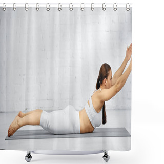 Personality  Side View Of Woman Doing Sphinx Pose On Yoga Mat  Shower Curtains