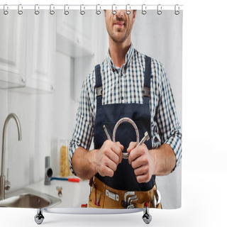 Personality  Cropped View Of Plumber In Workwear And Tool Belt Holding Metal Pipe In Kitchen  Shower Curtains