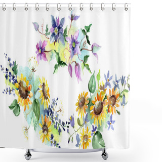 Personality  Bouquet With Sunflowers Floral Botanical Flowers. Wild Spring Leaf Wildflower. Watercolor Background Illustration Set. Watercolour Drawing Fashion Aquarelle. Isolated Bouquets Illustration Element. Shower Curtains