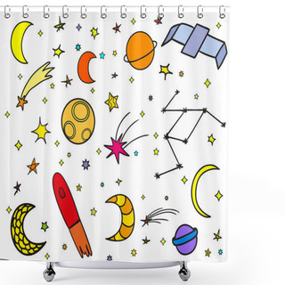 Personality  Cosmos Elements On White Background. Collection. Colorful Doodles For Design. Hand Drawn Simple Space Symbols. Line Art. Set Of Different Astronomical Signs. Art Creation Shower Curtains