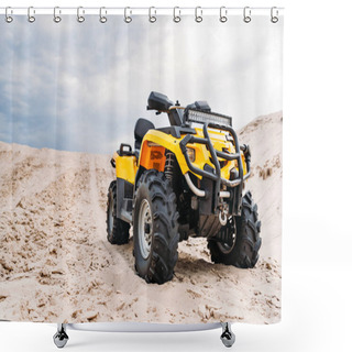 Personality  Bottom View Of Modern Yellow All-terrain Vehicle Standing In Desert On Cloudy Day Shower Curtains