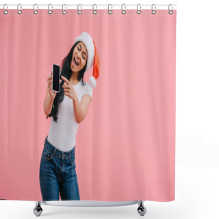 Personality  Portrait Of Happy African American Woman In Santa Claus Hat Pointing At Smartphone With Blank Screen Isolated On Pink  Shower Curtains