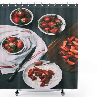 Personality  Top View Of Tasty Healthy Cottage Cheese And Ripe Red Strawberries Shower Curtains