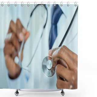 Personality  Doctor Holding Stethoscope In Hands Shower Curtains