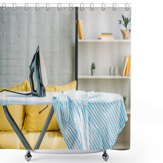 Personality  Striped Blue Shirt And Iron On Ironing Board At Home Shower Curtains